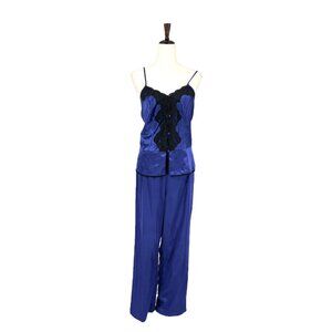 90's Blue Satin Black Lace Camisole PJ Set | Medium